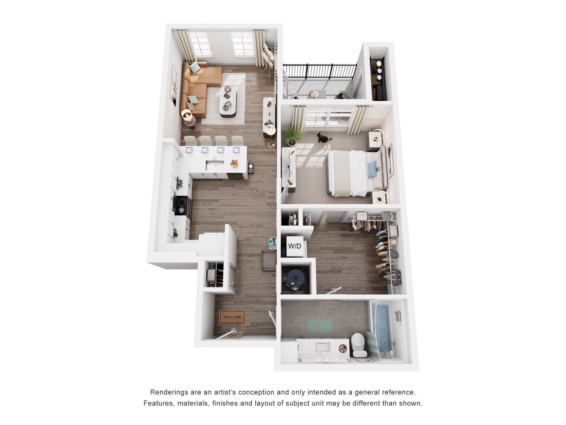 Floor plan for 1 bed, 1 bath, 726 sqft